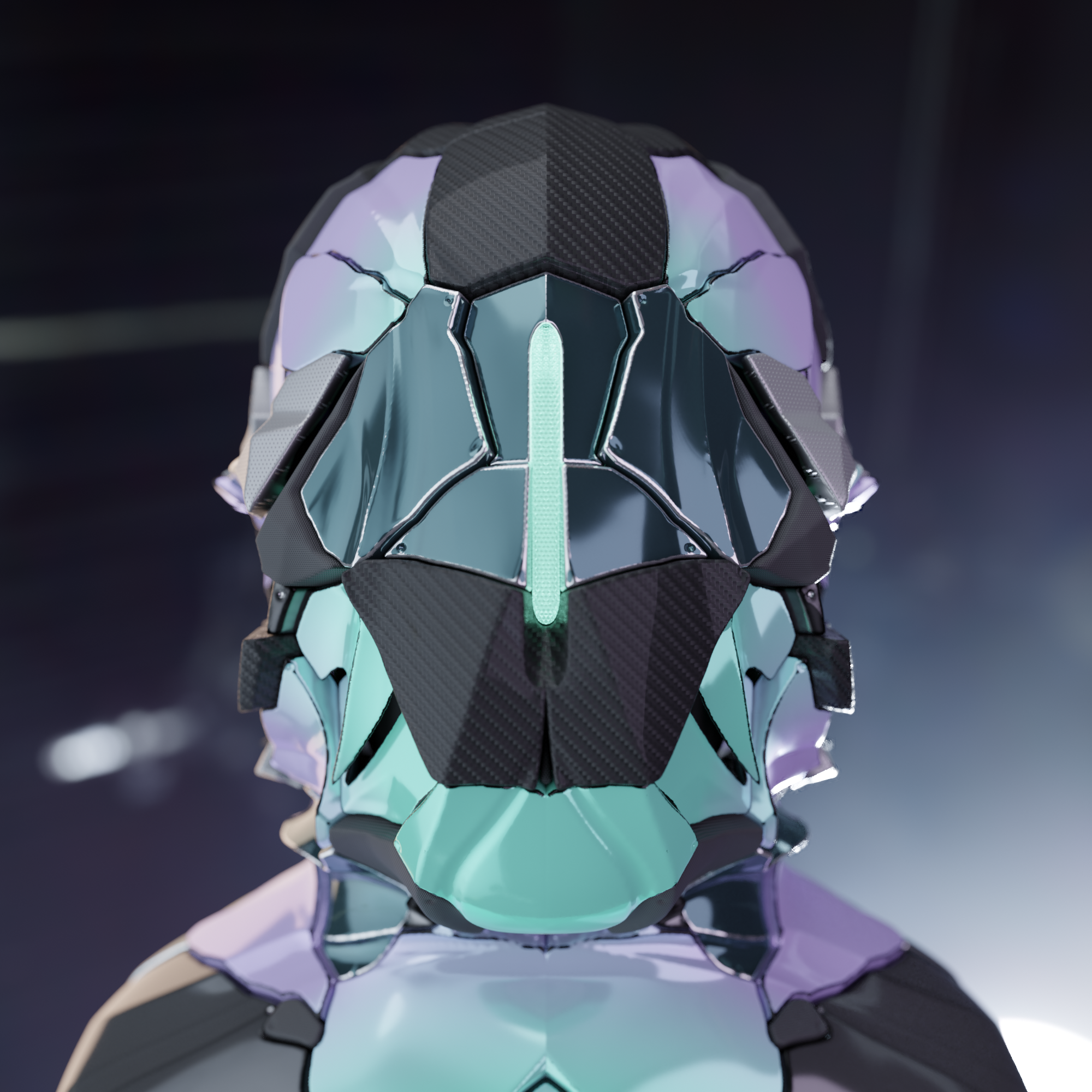 Computer-generated metallic futuristic helmet facing head-on with teal and pink accents.